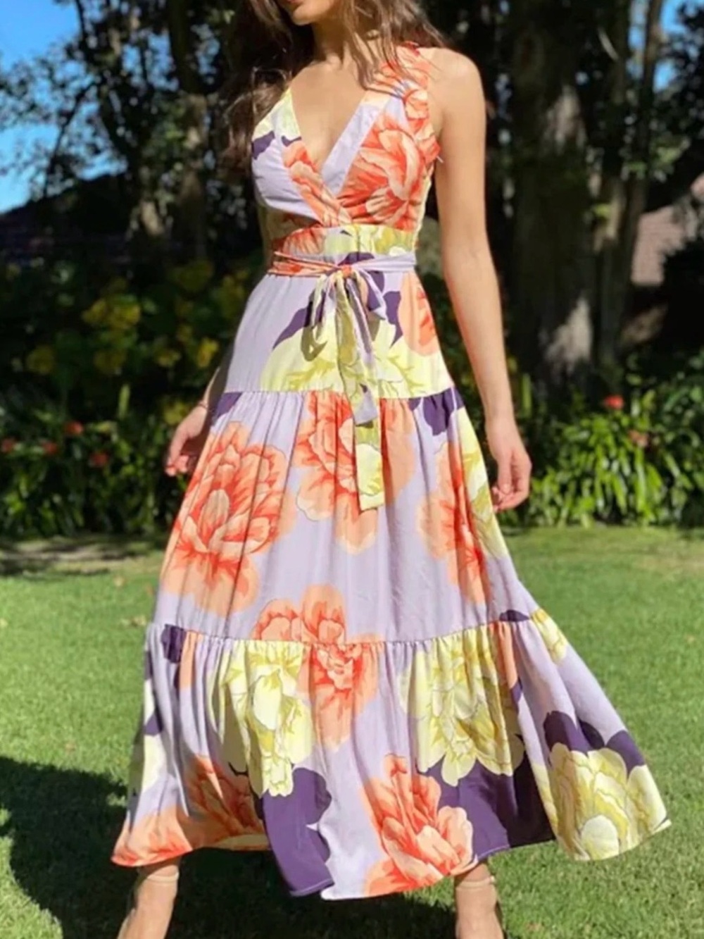 Maeve by Anthropologie Lavender Floral Maxi Dress with yellow, orange